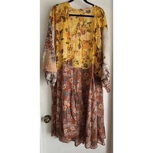 Free People Kimono XS/S Floral Yellow Brown Short Sleeve Women's‎ India Bohemian